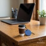 Llavero de mini café Pracktico sobre escritorio de madera en oficina home office.