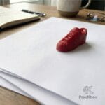 Pisapapeles rojo con forma de zapatilla sosteniendo hojas de papel sobre un escritorio de madera en oficina.
