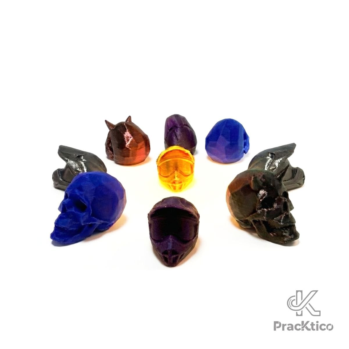 Colección circular de tapones de válvula Pracktico: incluye cascos de colores, calaveras azules y demonios negros y cobre.